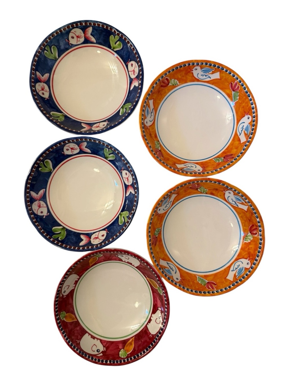 VIETRI MELAMINE CAMPAGNA SET OF 5 NEW PASTA BOWLS FISH BIRDS PIG ITALY